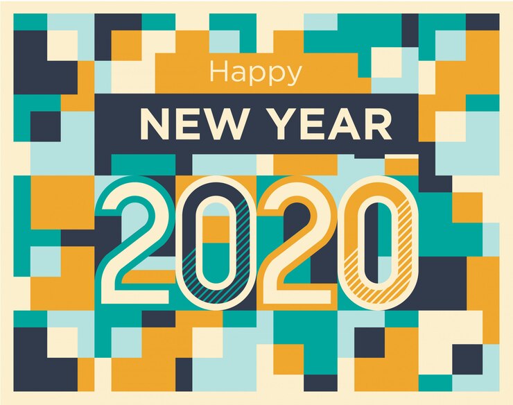 Feliz año nuevo 2020 en estilo de formas geométricas abstractas azul y amarillo