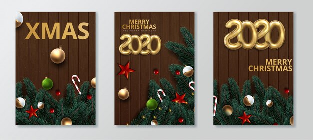 Feliz año nuevo 2020 y feliz navidad conjunto de tarjetas de felicitación