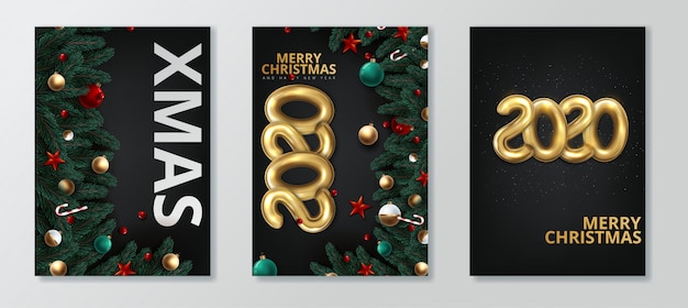 Feliz año nuevo 2020 y feliz navidad conjunto de tarjetas de felicitación