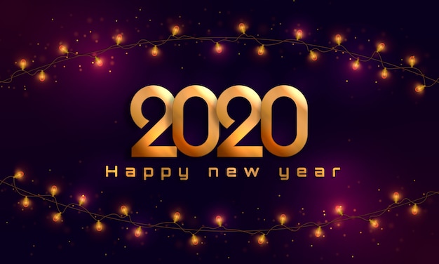 Feliz año nuevo 2020. luces de navidad, bombillas, guirnaldas.