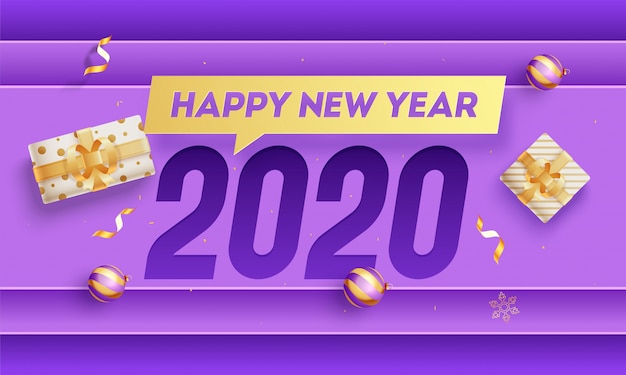 Vector feliz año nuevo 2020 texto con cajas de regalo de vista superior y adornos sobre fondo de papel superpuesto púrpura