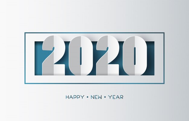 Vector feliz año nuevo 2020 texto con estilo de corte de papel.