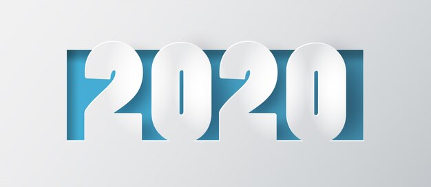 Vector feliz año nuevo 2020 texto con estilo de corte de papel.