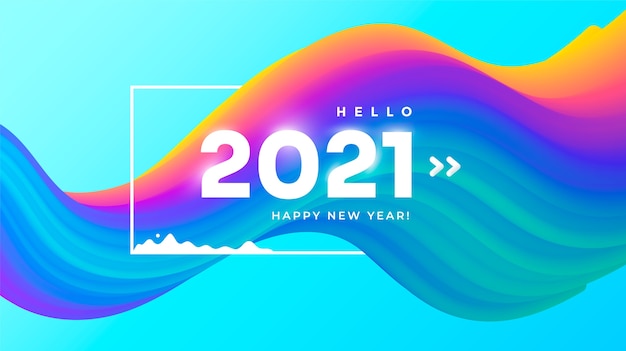 Feliz año nuevo 2021 fondo de flujo colorido moderno con forma de onda 3d degradado.