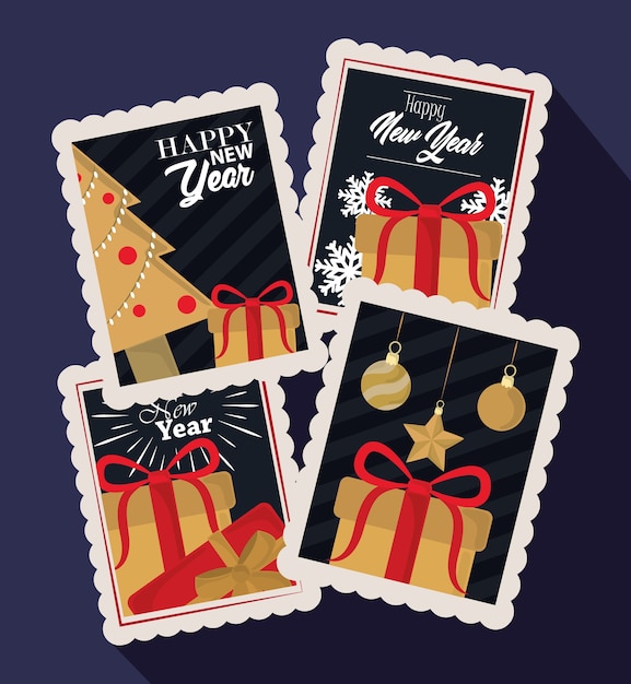 Feliz año nuevo 2021, iconos de sellos postales con regalo dorado, árbol, bolas en negro