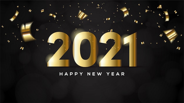 Feliz año nuevo 2021, con ilustraciones de figuras doradas y trozos de papel dorado.