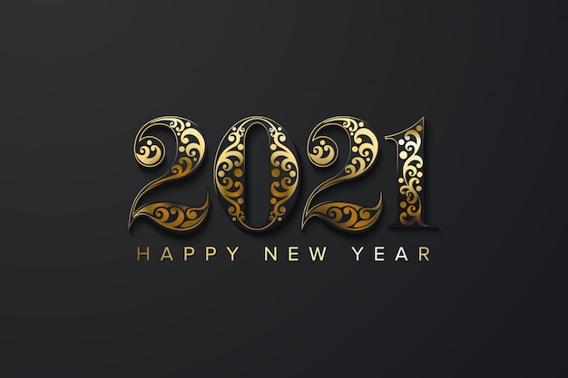 Feliz año nuevo 2021 con número de lujo negro y dorado.