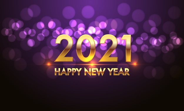 Feliz año nuevo 2021 número de oro y texto sobre fondo de efecto de luz violeta bokeh negro.