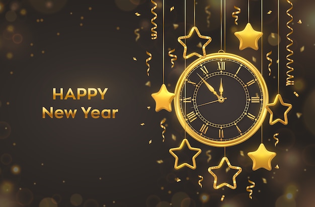Feliz año nuevo 2021. Reloj dorado brillante con número romano y cuenta regresiva de medianoche.