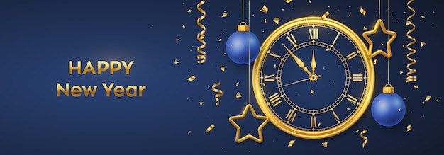 Feliz año nuevo 2021. Reloj dorado con números romanos y cuenta regresiva de medianoche, víspera de Año Nuevo. banner con brillantes estrellas doradas y bolas.