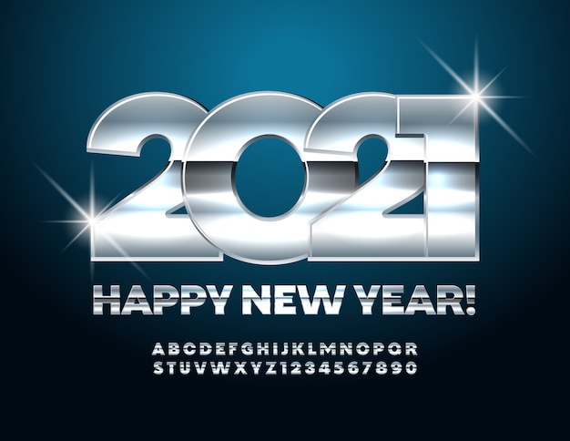 Feliz año nuevo 2021. silver font. números y letras del alfabeto metálico brillante