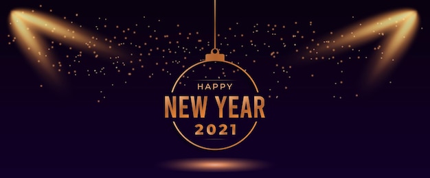 Feliz año nuevo 2021 tarjeta de felicitación con foco y luz brillante