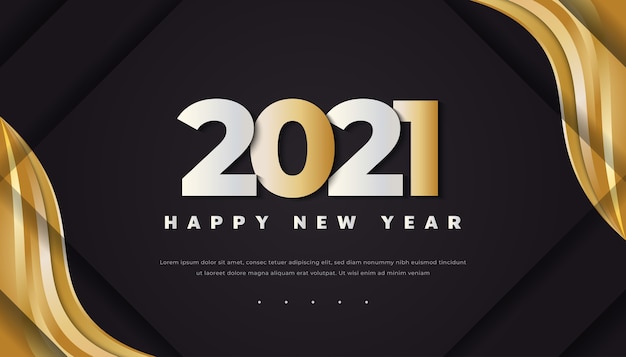 Feliz año nuevo 2021 con texto dorado en 3d sobre fondo negro con marco dorado.