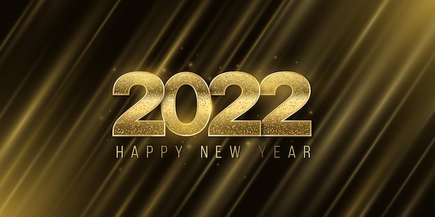Feliz año nuevo 2022 banner con números dorados, brillo sobre fondo abstracto de rayos. Efecto de luz. Funda de lujo. Tarjeta de felicitación elegante. Ilustración vectorial
