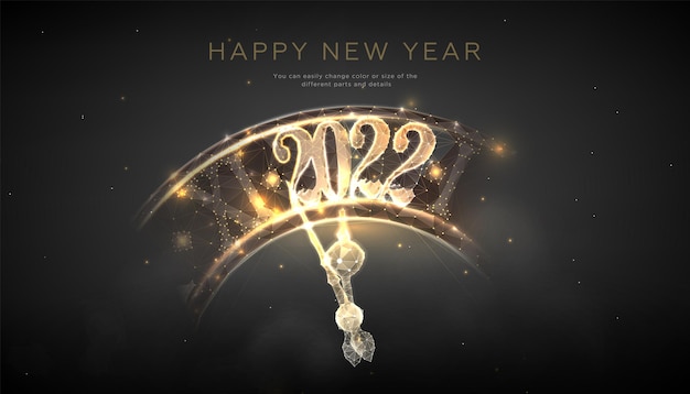 Feliz año nuevo 2022 banner Tarjeta de año nuevo en estilo poligonal futurista con reloj dorado