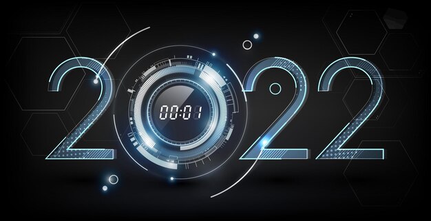 Feliz año nuevo 2022 celebración con reloj digital abstracto sobre fondo de tecnología futurista