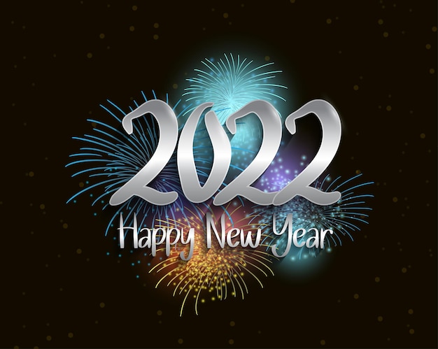 Feliz año nuevo 2022 color plata con coloridos fuegos artificiales aislado fondo negro para celebración