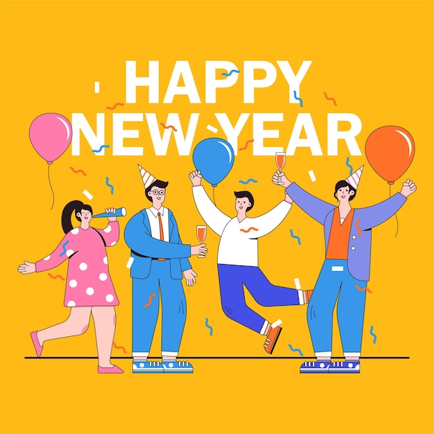 Feliz año nuevo 2022 concepto con grupo de personas celebrando en diseño plano. Fiesta con copas de champán, globos, sombreros de fiesta.Ilustración de vector de fondo, tarjeta de felicitación, banner de redes sociales.