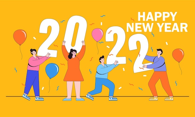 Feliz año nuevo 2022 concepto con grupo de personas celebrando. Retención de texto 2022 por equipo en diseño de estilo plano. Ilustración de vector de fondo, tarjeta de felicitación, banner de redes sociales.