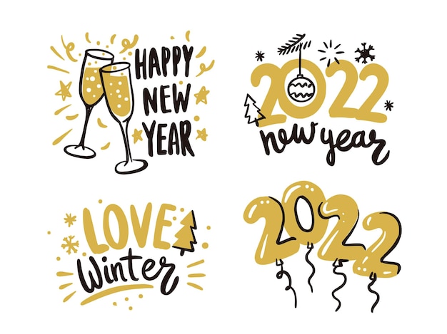 Feliz año nuevo 2022 conjunto de tarjetas de diseño de texto de letras caligráficas.