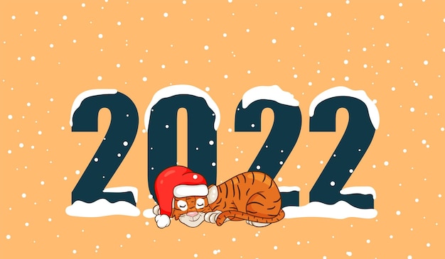 Feliz año nuevo 2022 diseño de texto con estilo de dibujos animados con tigres. El símbolo del año según el calendario chino. Diseño de folleto, plantilla, postal, banner. Ilustración vectorial.
