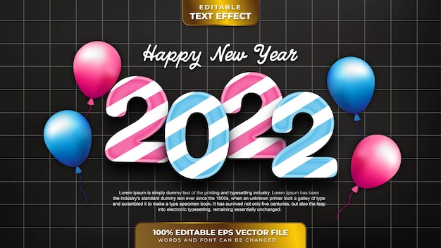 Feliz año nuevo 2022 efecto de texto editable con estilo candy