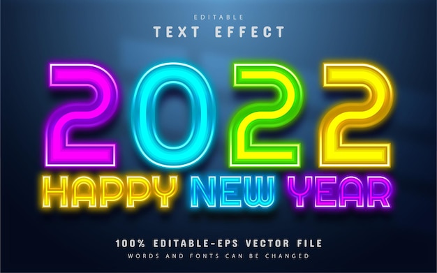 Feliz año nuevo 2022 efecto de texto de neón colorido editable