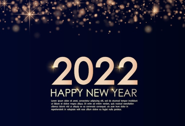 Feliz año nuevo 2022 Elegante texto retroiluminado en oro Texto minimalista Polvo de oro Tarjeta de felicitación