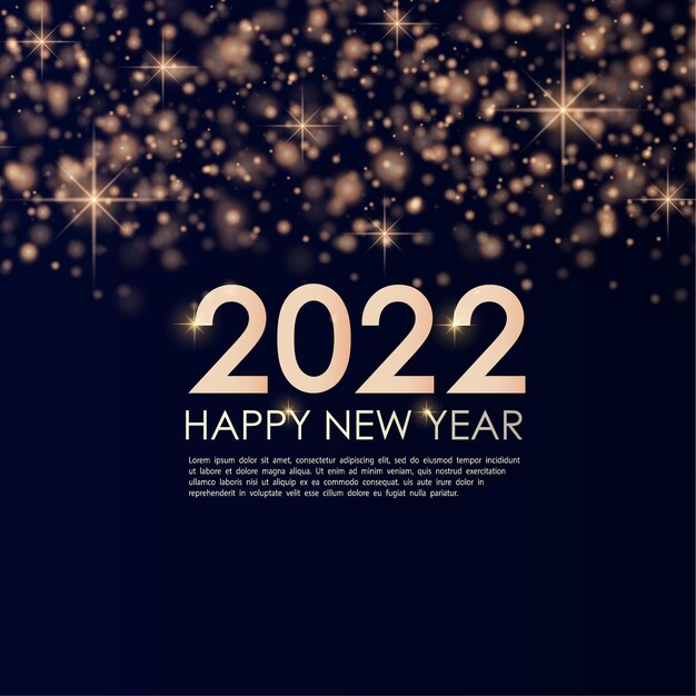 Feliz año nuevo 2022 Elegante texto retroiluminado en oro Texto minimalista Polvo de oro Tarjeta de felicitación
