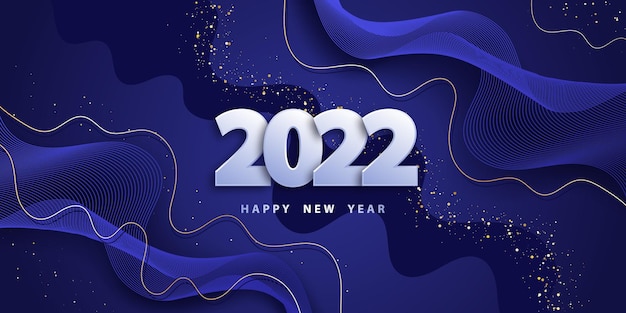 Feliz año nuevo 2022 Fondo azul festivo con formas onduladas, líneas doradas y brillo.