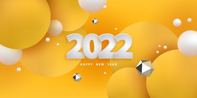 Feliz año nuevo 2022 fondo festivo con esferas 3D y polígonos dorados