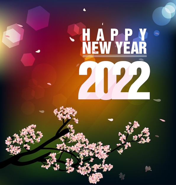 Feliz año nuevo 2022 fondo. Números dorados brillantes con confeti y cintas sobre fondo negro. Diseño de tarjetas de felicitación navideñas.