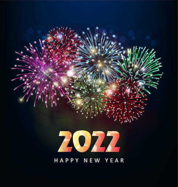 Feliz año nuevo 2022 fondo. Números dorados brillantes con confeti y cintas sobre fondo negro. Diseño de tarjetas de felicitación navideñas.
