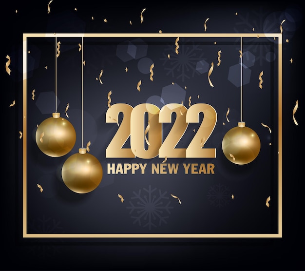 Feliz año nuevo 2022 fondo. Números dorados brillantes con confeti y cintas sobre fondo negro. Diseño de tarjetas de felicitación navideñas.