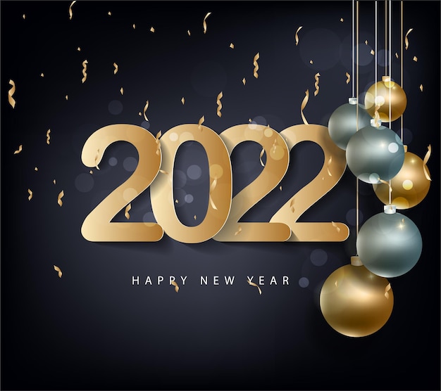 Feliz año nuevo 2022 fondo. Números dorados brillantes con confeti y cintas sobre fondo negro. Diseño de tarjetas de felicitación navideñas.