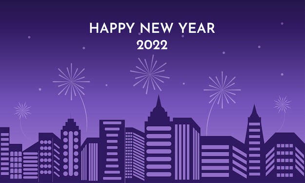 Feliz año nuevo 2022 fondo de paisaje urbano en diseño plano