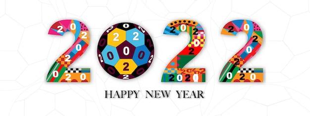 Vector feliz año nuevo 2022 con fútbol colorido tipografía texto 2020 fuente en estilo geométrico
