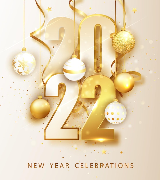 Feliz año nuevo 2022. Ilustración de vector de vacaciones de números 2022. Números de oro Diseño de tarjeta de felicitación.