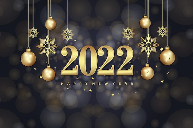 Feliz año nuevo 2022 con linternas doradas y números.