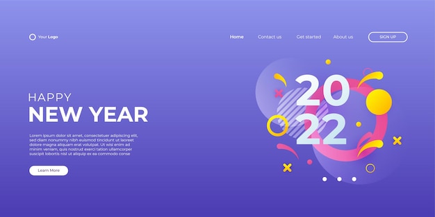 Feliz año nuevo 2022 moderno y plantilla de fondo web de página de destino de feliz Navidad con estilo geométrico colorido de Memphis.