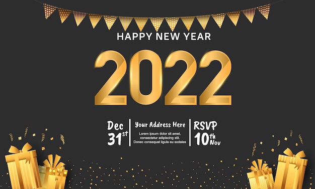 Feliz año nuevo 2022 número dorado con elemento de fiesta y cinta aislada sobre fondo negro