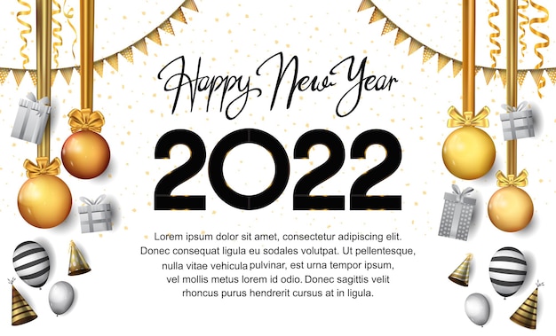 Feliz año nuevo 2022 número negro con elemento de fiesta y cinta aislado sobre fondo blanco.