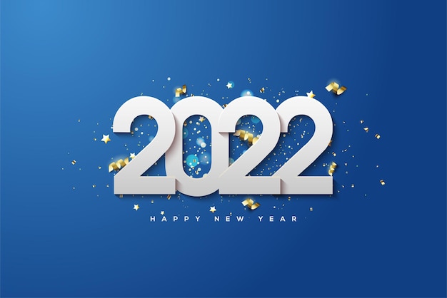 Feliz año nuevo 2022 con números blancos apilados sobre un fondo azul.