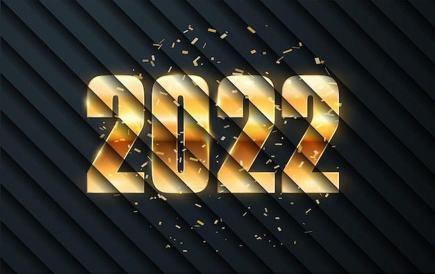 Vector feliz año nuevo 2022 números dorados con decoración navideña elegante texto dorado con luz vacaciones