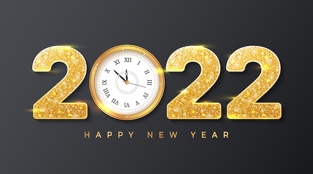 Feliz año nuevo 2022 Números dorados con lentejuelas y reloj de pared Folleto de banner de fondo