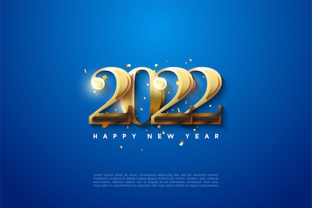 Feliz año nuevo 2022 con números dorados sobre un fondo azul.