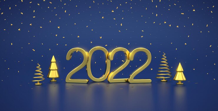 Vector feliz año nuevo 2022. números metálicos dorados 3d 2022 con pino de forma de cono metálico dorado, abetos y confeti sobre fondo azul. fondo de navidad, tarjeta, encabezado. ilustración realista de vector.