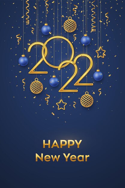 Feliz año nuevo 2022. Números metálicos dorados colgantes 2022 con brillantes estrellas metálicas 3D, bolas y confeti sobre fondo azul. Tarjeta de felicitación de año nuevo, plantilla de banner. Ilustración vectorial realista.