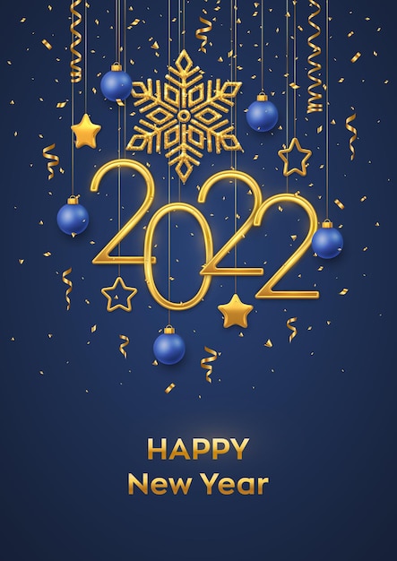 Vector feliz año nuevo 2022. números metálicos dorados colgantes 2022 con copo de nieve brillante, estrellas metálicas 3d, bolas y confeti sobre fondo azul. tarjeta de felicitación de año nuevo o plantilla de banner. vector.