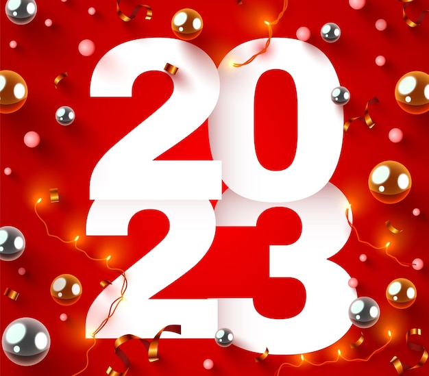 Feliz año nuevo 2022 Números de vacaciones 2023 con confeti y guirnaldas Diseño festivo de carteles o pancartas